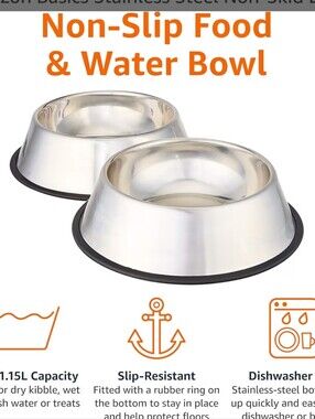 2 AMAZON Water Bowls Med/Lg Dogs  Stainless Steel *NEW*